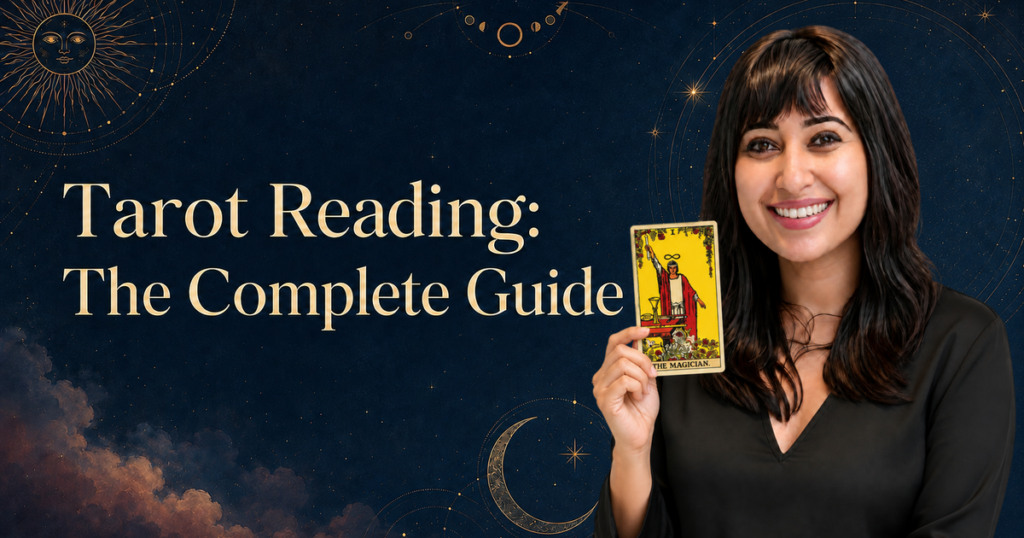 Geetika Khurana holding a tarot card, featured image for Tarot Reading: The Complete Guide.