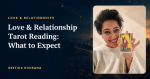 Geetika Khurana holding The Magician tarot card — love and relationship tarot reading blog cover image