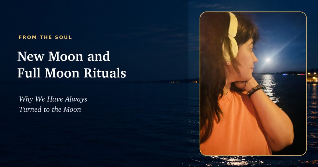 Geetika Khurana looking at the full moon over the water, for New Moon and Full Moon Rituals