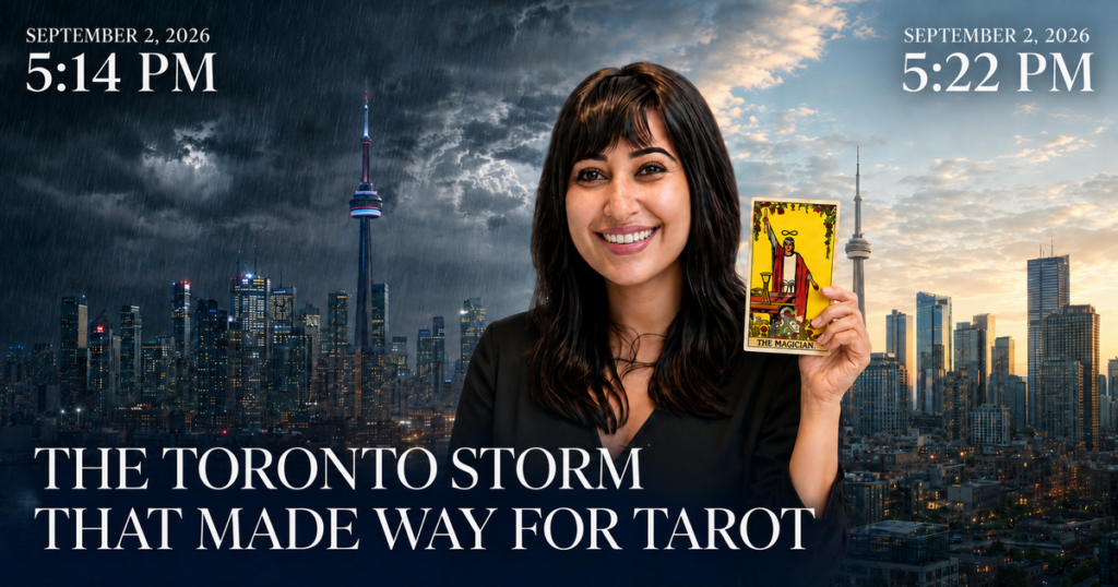 Geetika Khurana reading tarot cards during a stormy evening in Toronto