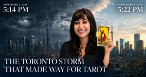 Geetika Khurana reading tarot cards during a stormy evening in Toronto